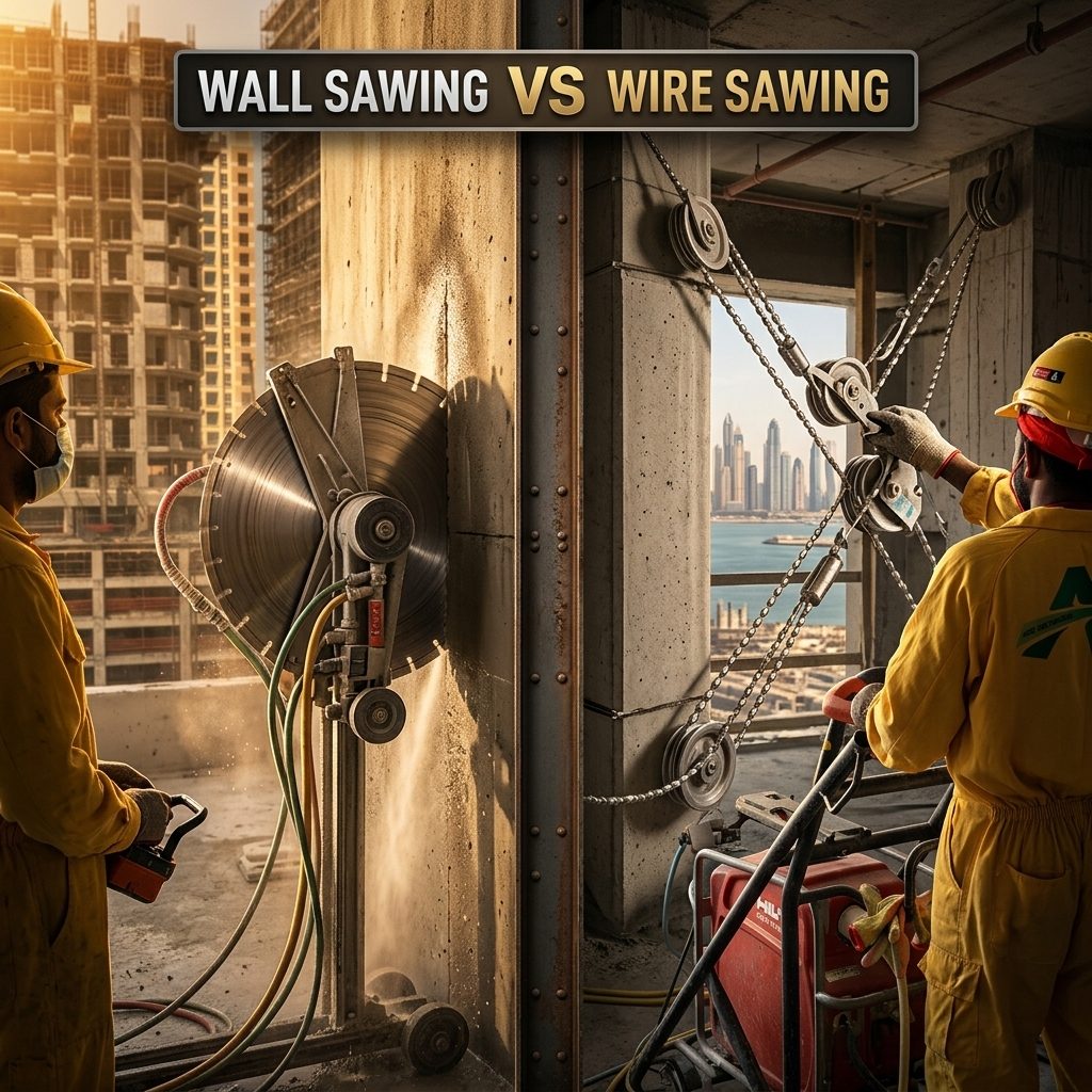 Split-screen comparison showing a floor saw and a wall saw for concrete cutting methods in Qatar